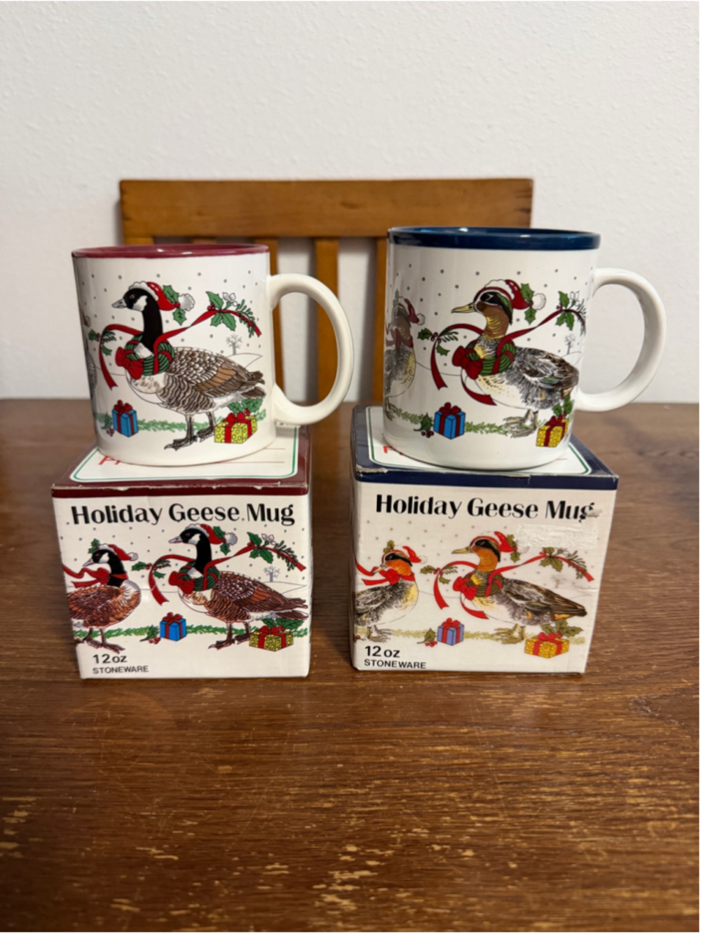 Holiday Geese Christmas Mugs Set of 2 12oz Stoneware New in Original Boxes